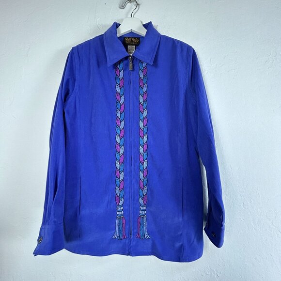 Vintage Bob Mackie Wearable Art Womens Small Blue Embroidered Braids Zip Jacket - Picture 1 of 9